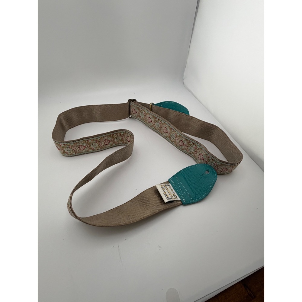 Souldier Custom Guitar Strap Vintage Fabric Recycled Seatbelt Teal Leather Ends - Picture 2 of 5